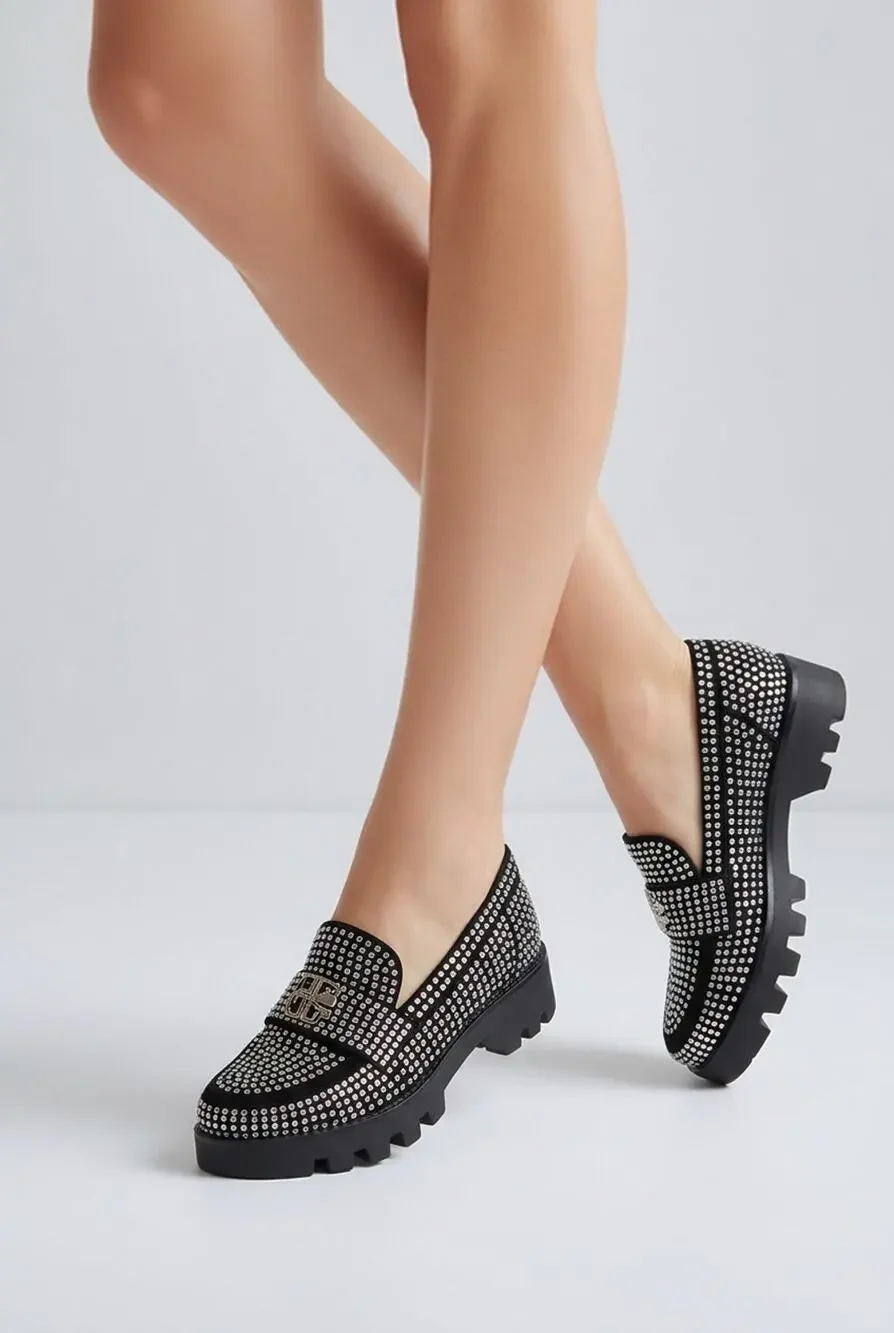 New Tory Burch Chunky Loafer Mini Everly Black Suede Crystals Lug Sole Size 7M